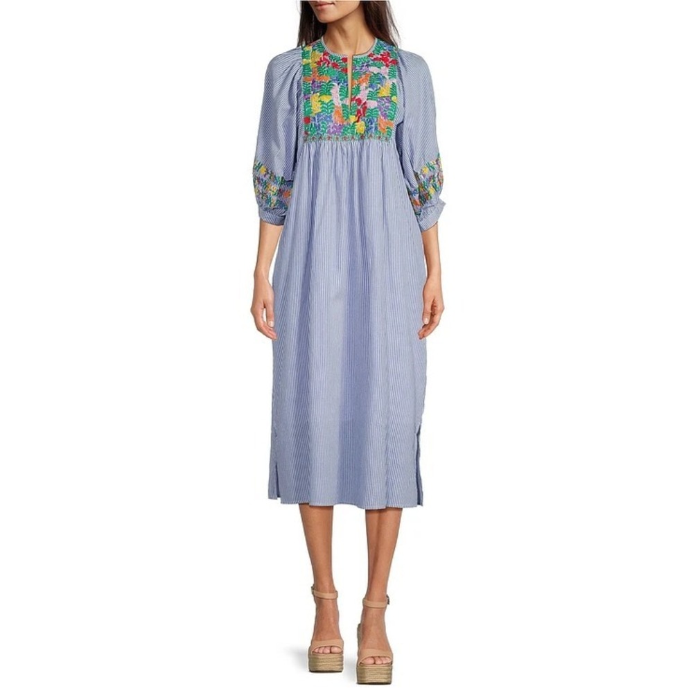 J.Marie Women's Size Small Blue White Striped Embroidered Tristen Midi Dress - Picture 13 of 13